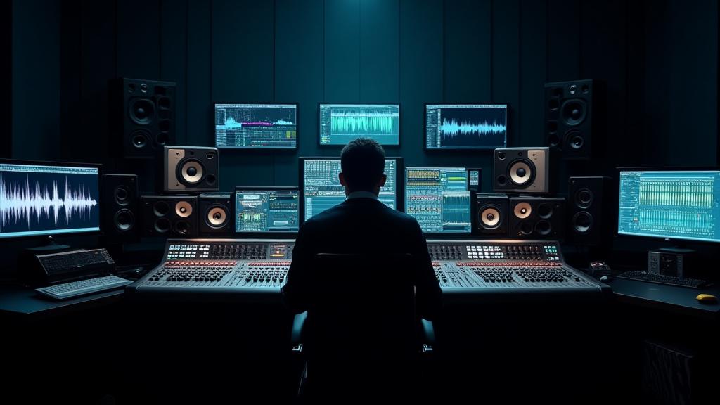 複数のスクリーンとミキシングボードが設置された音響ミキシングスイート。